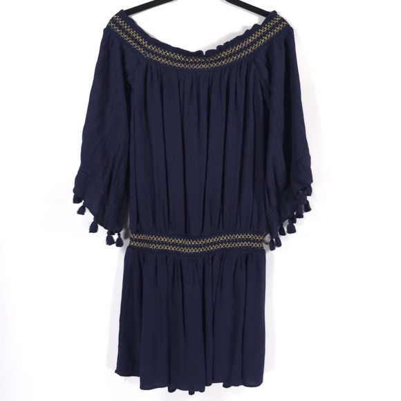 Lilly Pulitzer Joelle Off Shoulder True Navy Gold Gauze Mini Dress Fringe MEDIUM - Picture 6 of 16